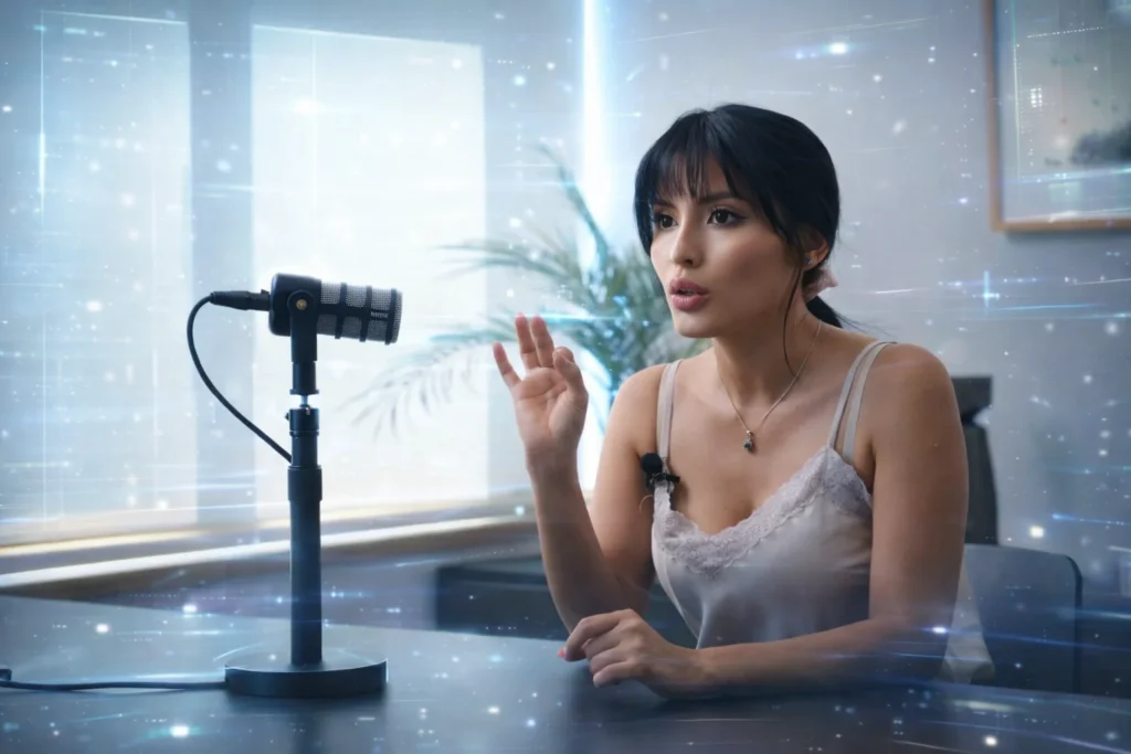 Maquilladora profesional creando contenido digital con apoyo de inteligencia artificial, representando la innovación y el uso estratégico de la IA en el negocio beauty.