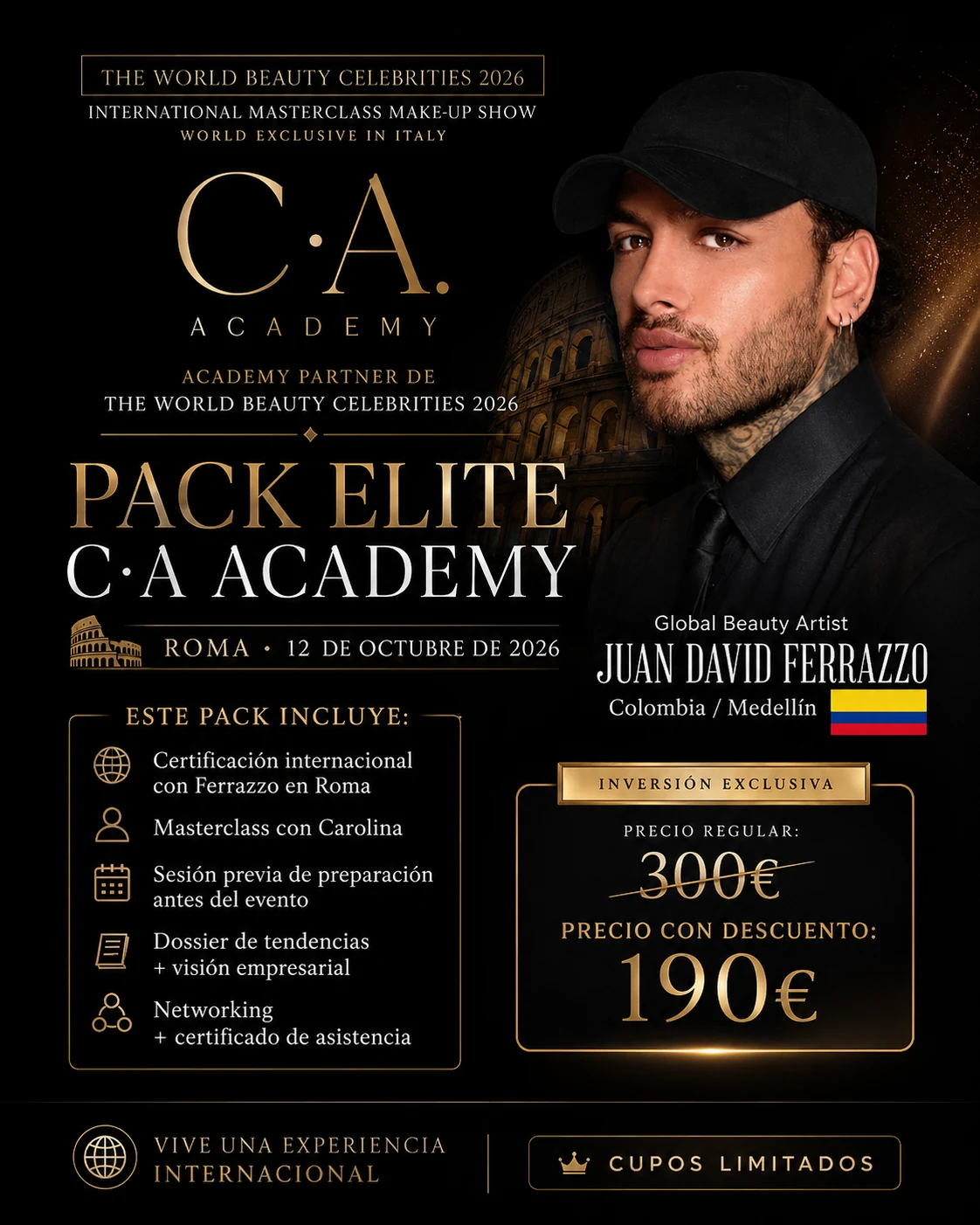 Cartel del Pack Elite C•A Academy para la masterclass de Juan David Ferrazzo en Roma 2026
